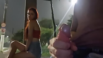 Public Masturbation And Handjob With A Hot Redhead At The Bus Stop