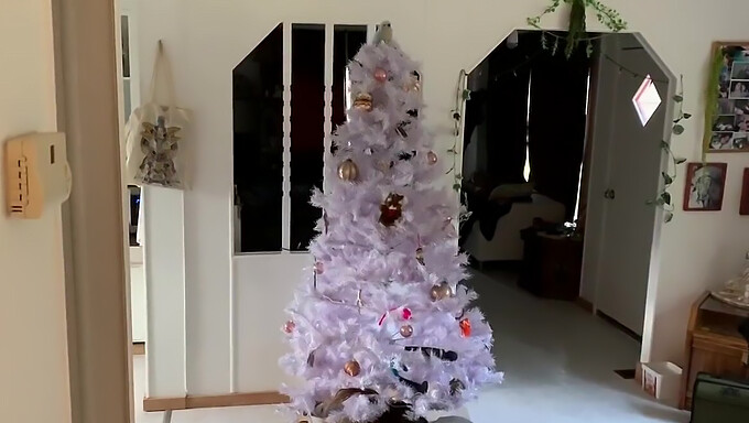 Vista POV di essere intrappolata e riempita sotto l'albero di Natale con eiaculazione multipla