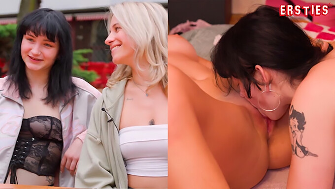 Big natural tits and a shaved pussy get licked in a hot lesbian scene